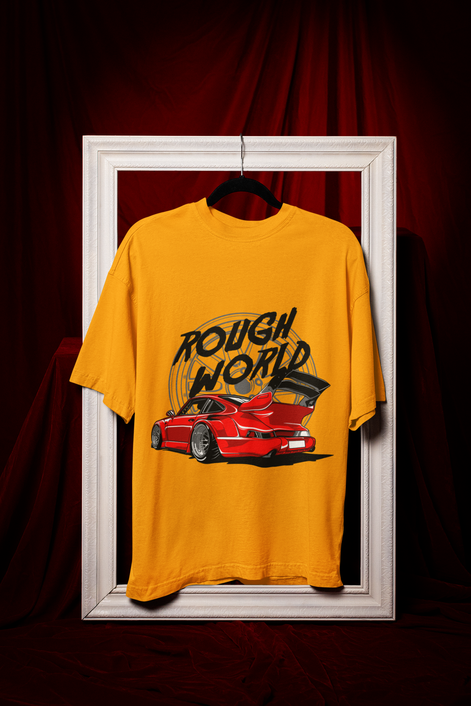 Rough World Oversized T-Shirt – Red Widebody Car Graphic Unisex Streetwear | 240 GSM Cotton Tee