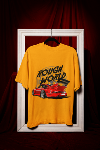 Rough World Oversized T-Shirt – Red Widebody Car Graphic Unisex Streetwear | 240 GSM Cotton Tee