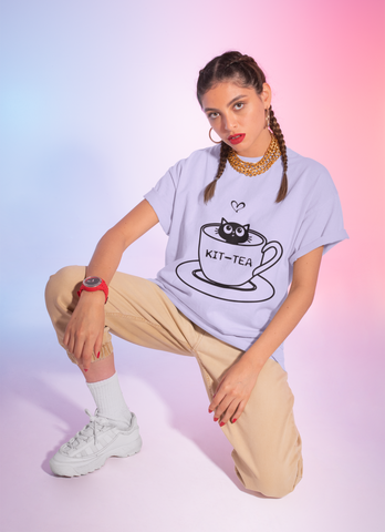 Unisex Classic Crew T-Shirt with 'KIT-TEA' Cat in Teacup Graphic – Playful Pun Design in Black