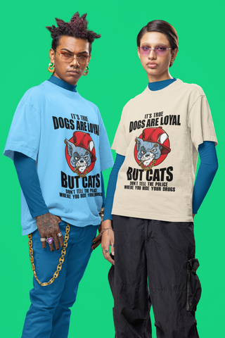 Unisex Oversized Classic T-Shirt - Bold Cat & Dog Humor Graphic Design with Red Hat & Gold Chain - Quirky & Edgy Casual Wear