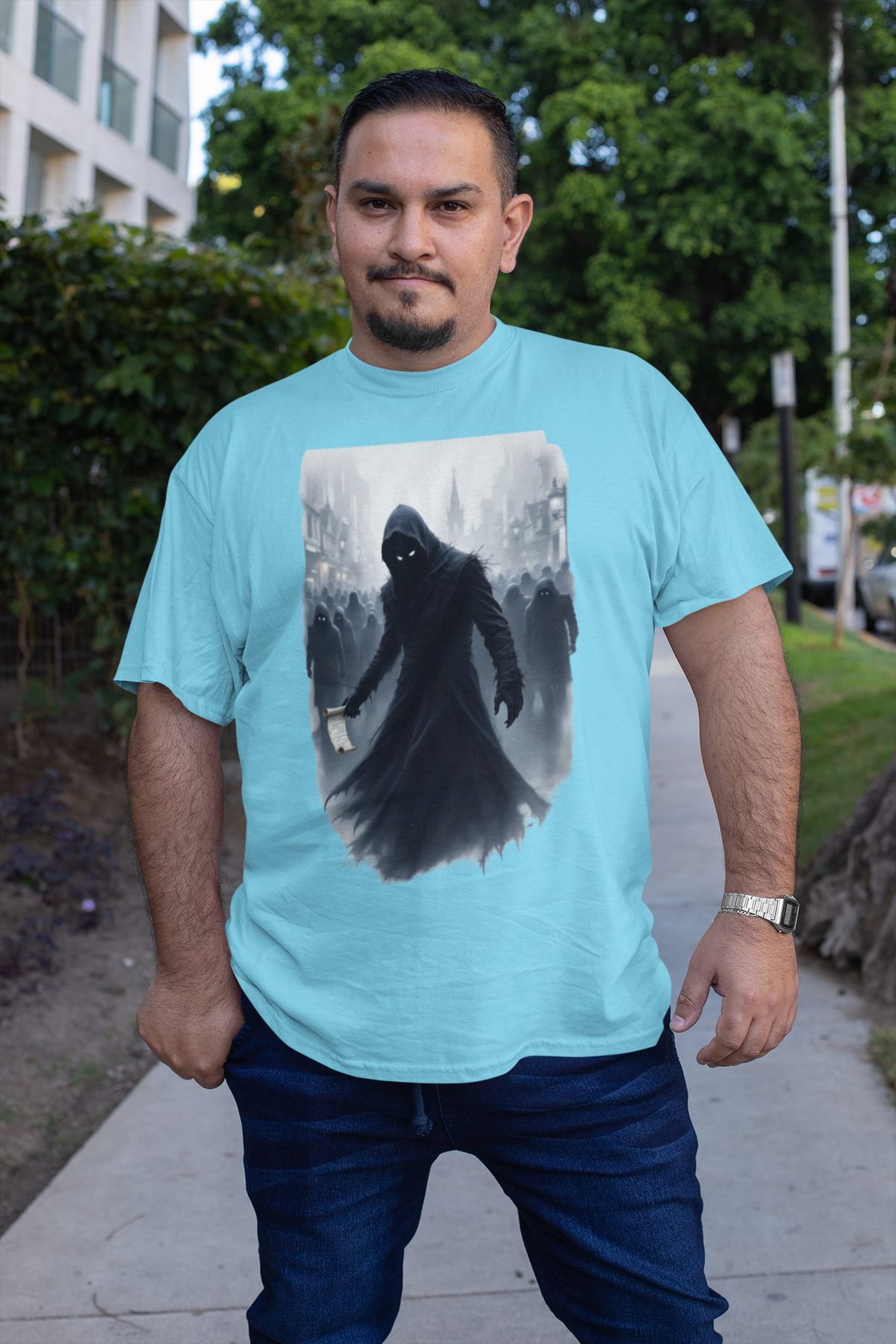 The Spy T-Shirt – Blood on the Clocktower Inspired Graphic Tee | Mysterious Rogue Shadow Design on Grey