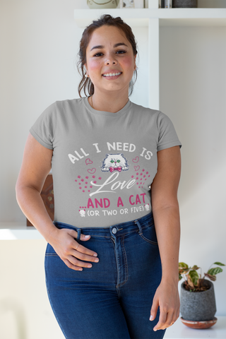 Women's Whimsical Cat Love T-Shirt - Playful Pink & White Graphic with Cute Bow Tie Cat & Hearts Design