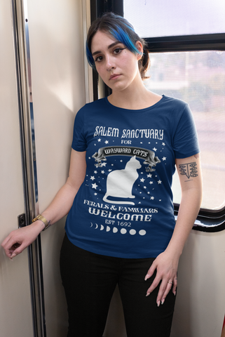 Unisex Gothic Mystical Cat T-Shirt - Salem Sanctuary Witchy Design with Moon Phases & Stars