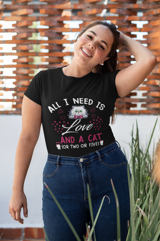 Women's Whimsical Cat Love T-Shirt - Playful Pink & White Graphic with Cute Bow Tie Cat & Hearts Design