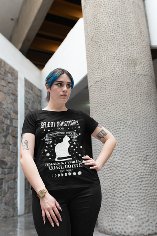 Unisex Gothic Mystical Cat T-Shirt - Salem Sanctuary Witchy Design with Moon Phases & Stars