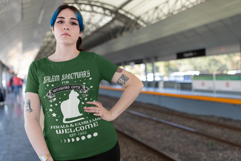 Unisex Gothic Mystical Cat T-Shirt - Salem Sanctuary Witchy Design with Moon Phases & Stars