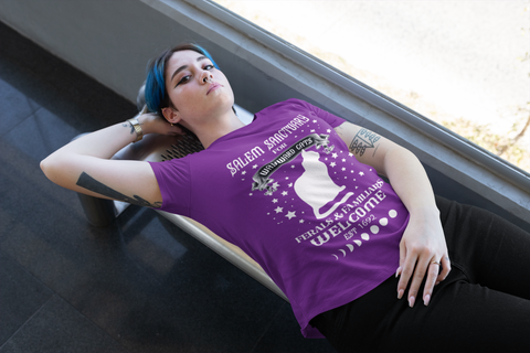 Unisex Gothic Mystical Cat T-Shirt - Salem Sanctuary Witchy Design with Moon Phases & Stars