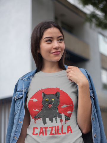 Unisex Classic Crew T-Shirt - 'CATZILLA' Retro Monster Movie Parody with Giant Cat Graphic in Bold Red, Black & Gray