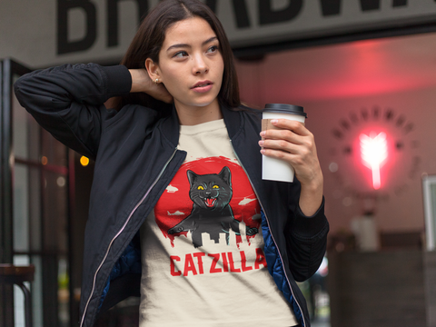 Unisex Classic Crew T-Shirt - 'CATZILLA' Retro Monster Movie Parody with Giant Cat Graphic in Bold Red, Black & Gray