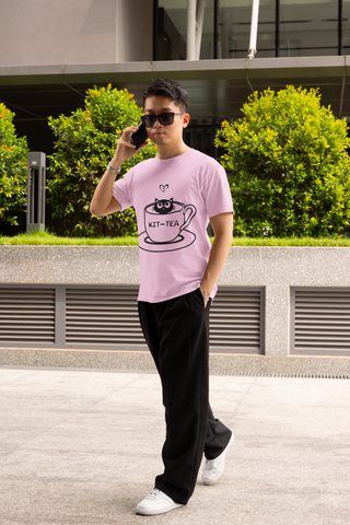 Unisex Classic Crew T-Shirt with 'KIT-TEA' Cat in Teacup Graphic – Playful Pun Design in Black