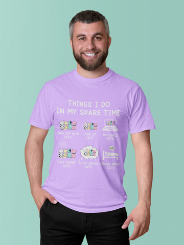 Unisex Classic Crew T-Shirt - Whimsical Cat Activities Design | Pastel Cartoon Humor on Dark Background