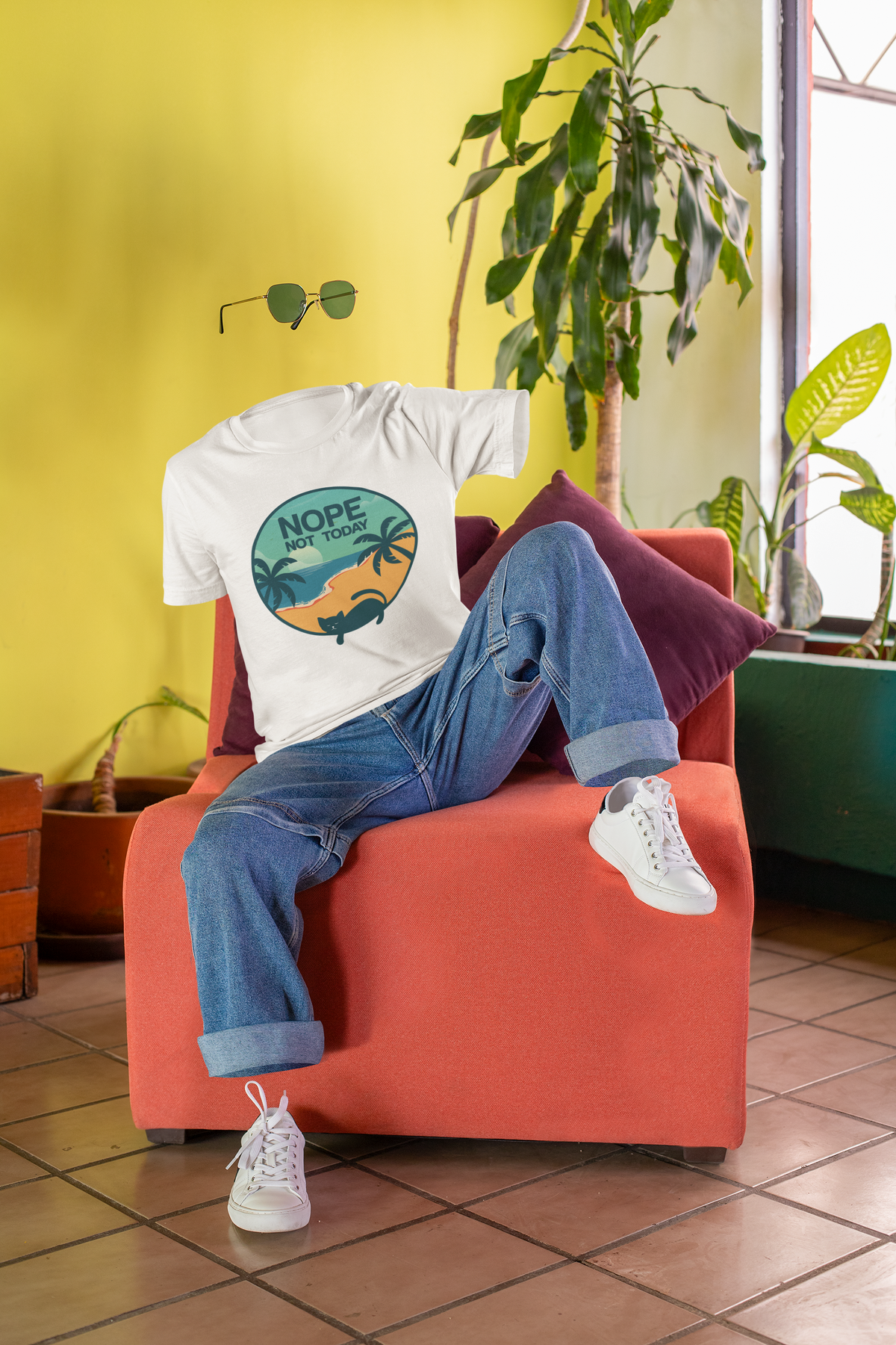 Unisex Classic Crew T-Shirt - 'NOPE NOT TODAY' Beach Scene with Cat | Vibrant Teal & Orange Circular Design