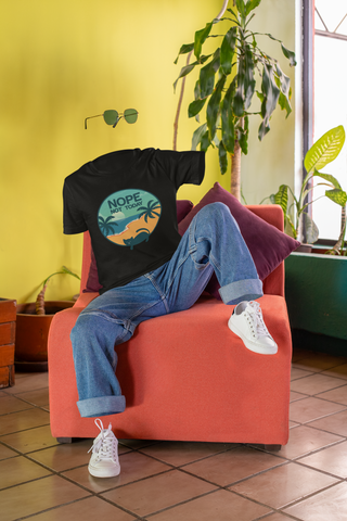 Unisex Classic Crew T-Shirt - 'NOPE NOT TODAY' Beach Scene with Cat | Vibrant Teal & Orange Circular Design
