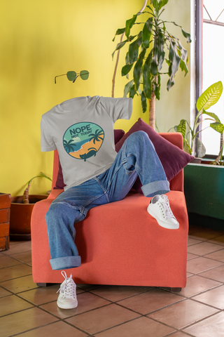 Unisex Classic Crew T-Shirt - 'NOPE NOT TODAY' Beach Scene with Cat | Vibrant Teal & Orange Circular Design