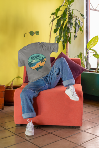 Unisex Classic Crew T-Shirt - 'NOPE NOT TODAY' Beach Scene with Cat | Vibrant Teal & Orange Circular Design