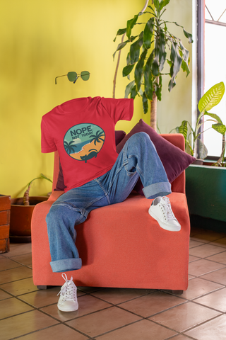 Unisex Classic Crew T-Shirt - 'NOPE NOT TODAY' Beach Scene with Cat | Vibrant Teal & Orange Circular Design
