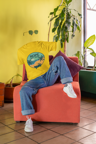 Unisex Classic Crew T-Shirt - 'NOPE NOT TODAY' Beach Scene with Cat | Vibrant Teal & Orange Circular Design