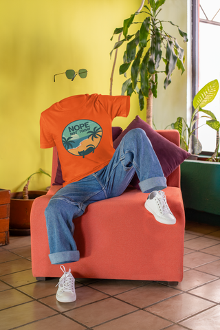 Unisex Classic Crew T-Shirt - 'NOPE NOT TODAY' Beach Scene with Cat | Vibrant Teal & Orange Circular Design
