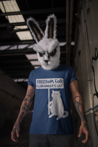 Unisex T-Shirt with Quirky 'Freedom for Schrödinger's Cat' Design – Bold White Graphics & Text, Science Humor Tee