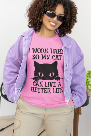 Unisex Classic Crew T-Shirt - Humorous Cat Lover Design | Bold Black Text & Whimsical Silhouette on Gray | Playful Pet-Themed Apparel