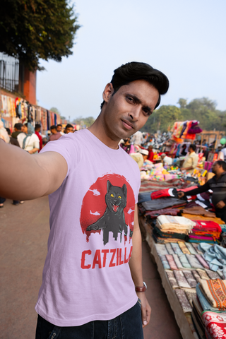 Unisex Classic Crew T-Shirt - 'CATZILLA' Retro Monster Movie Parody with Giant Cat Graphic in Bold Red, Black & Gray