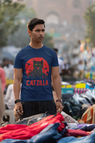 Unisex Classic Crew T-Shirt - 'CATZILLA' Retro Monster Movie Parody with Giant Cat Graphic in Bold Red, Black & Gray
