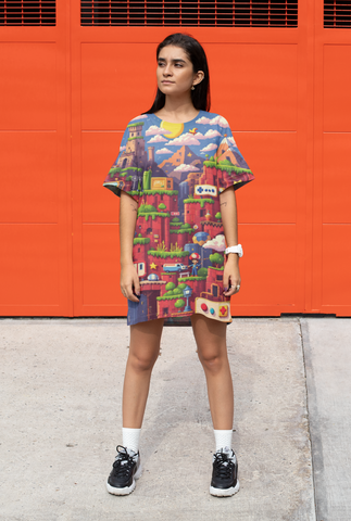 Retro Pixel Adventure T-Shirt Dress – All-Over Print Gaming Scene Dress for Women | Colorful 8-Bit Arcade Game World Dress with Pockets