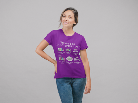 Unisex Classic Crew T-Shirt - Whimsical Cat Activities Design | Pastel Cartoon Humor on Dark Background
