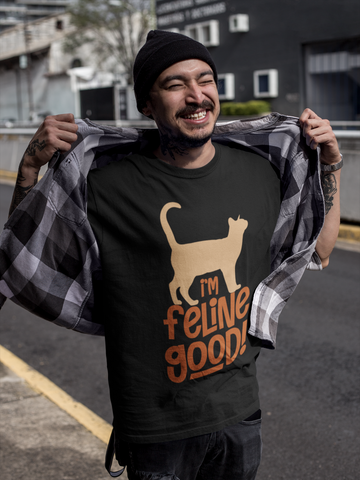 Unisex Classic Crew T-Shirt - 'I'm Feline Good' Cat Silhouette & Punny Phrase Design, Bold Orange Text, Fun & Quirky Casual Wear for Cat Lovers