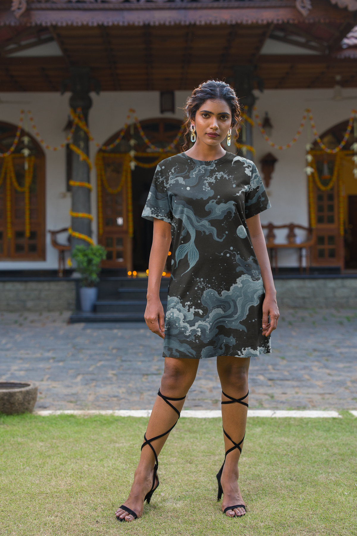 Mystical Mermaid T-Shirt Dress Ocean Fantasy All-Over Print Dress for Women | Sea Goddess Aesthetic | Dark Aqua Dreamy Waves Design with Pockets L Mystical Mermaid T-Shirt Dress Ocean Fantasy All-Over Print Dress for Women | Sea Goddess Aesthetic | Dark Aqua Dreamy Waves Design with Pockets L