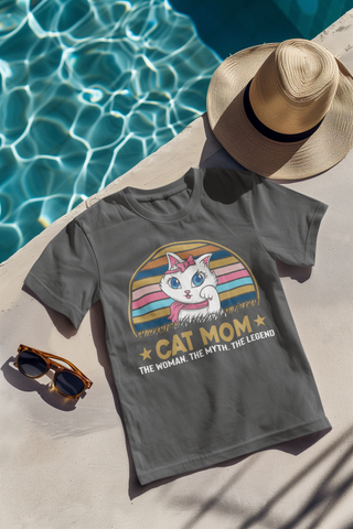 Playful Cat Mom Cartoon T-Shirt - Vintage Pastel Design for Pet Lovers