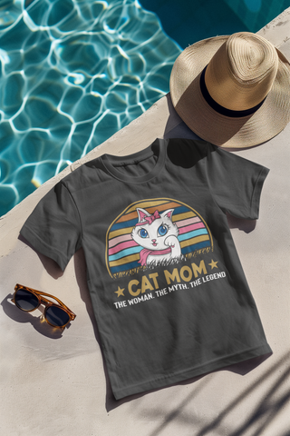 Playful Cat Mom Cartoon T-Shirt - Vintage Pastel Design for Pet Lovers