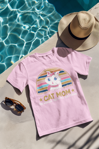 Playful Cat Mom Cartoon T-Shirt - Vintage Pastel Design for Pet Lovers