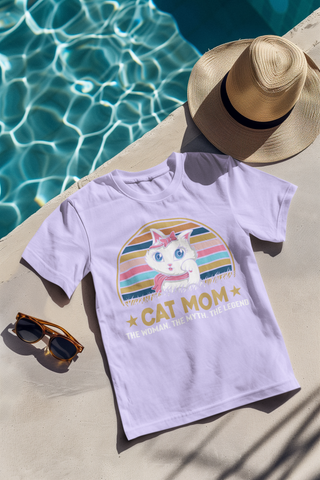 Playful Cat Mom Cartoon T-Shirt - Vintage Pastel Design for Pet Lovers