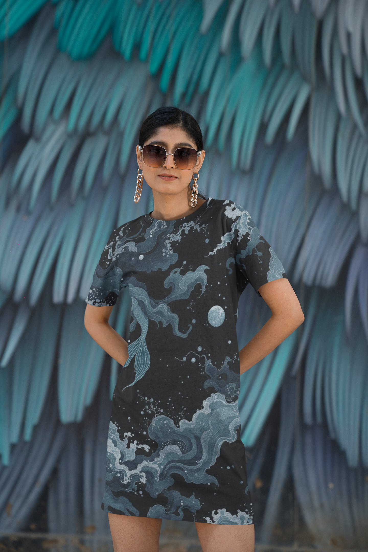 Mystical Mermaid T-Shirt Dress Ocean Fantasy All-Over Print Dress for Women | Sea Goddess Aesthetic | Dark Aqua Dreamy Waves Design with Pockets L Mystical Mermaid T-Shirt Dress Ocean Fantasy All-Over Print Dress for Women | Sea Goddess Aesthetic | Dark Aqua Dreamy Waves Design with Pockets L