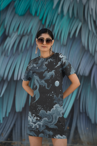 Mystical Mermaid T-Shirt Dress – Ocean Fantasy All-Over Print Dress for Women | Sea Goddess Aesthetic | Dark Aqua Dreamy Waves Design with Pockets