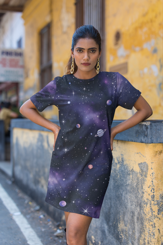 Stellar Galaxy T-Shirt Dress – Cosmic Space Print Dress for Women | Astronaut Aesthetic Streetwear | Planets & Stars All-Over Print with Pockets