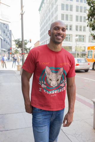 Unisex Classic Crew T-Shirt - Bold Cat Humor Design | 'I Came, I Purred, I Conquered' Sphynx Graphic in Pink, Teal, Orange & White