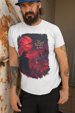 The Night Never Ends Gothic Fantasy Crew Neck T-Shirt – Unisex Premium Cotton Tee | BOTC Collection | Meraki Thread