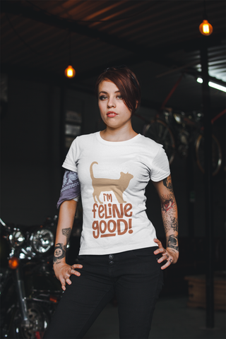 Unisex Classic Crew T-Shirt - 'I'm Feline Good' Cat Silhouette & Punny Phrase Design, Bold Orange Text, Fun & Quirky Casual Wear for Cat Lovers