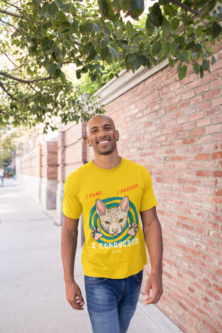 Unisex Classic Crew T-Shirt - Bold Cat Humor Design | 'I Came, I Purred, I Conquered' Sphynx Graphic in Pink, Teal, Orange & White
