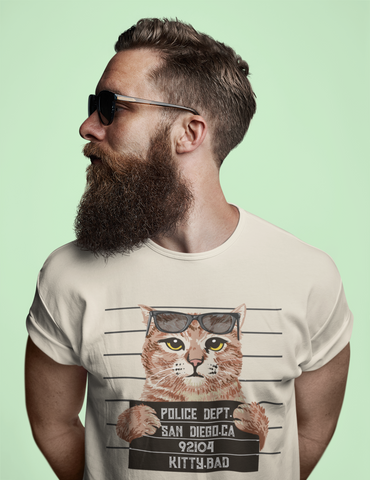 Humorous Cat Mugshot T-Shirt - Quirky Unisex Tee with Rebellious Sunglasses Design in Earthy Tones