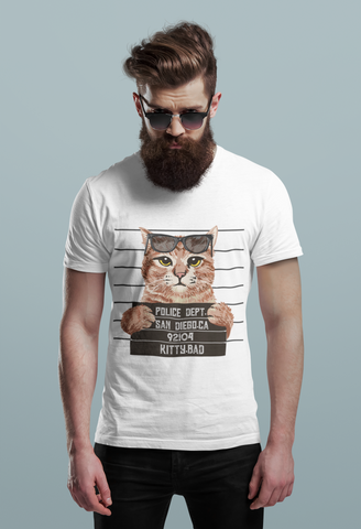 Humorous Cat Mugshot T-Shirt - Quirky Unisex Tee with Rebellious Sunglasses Design in Earthy Tones