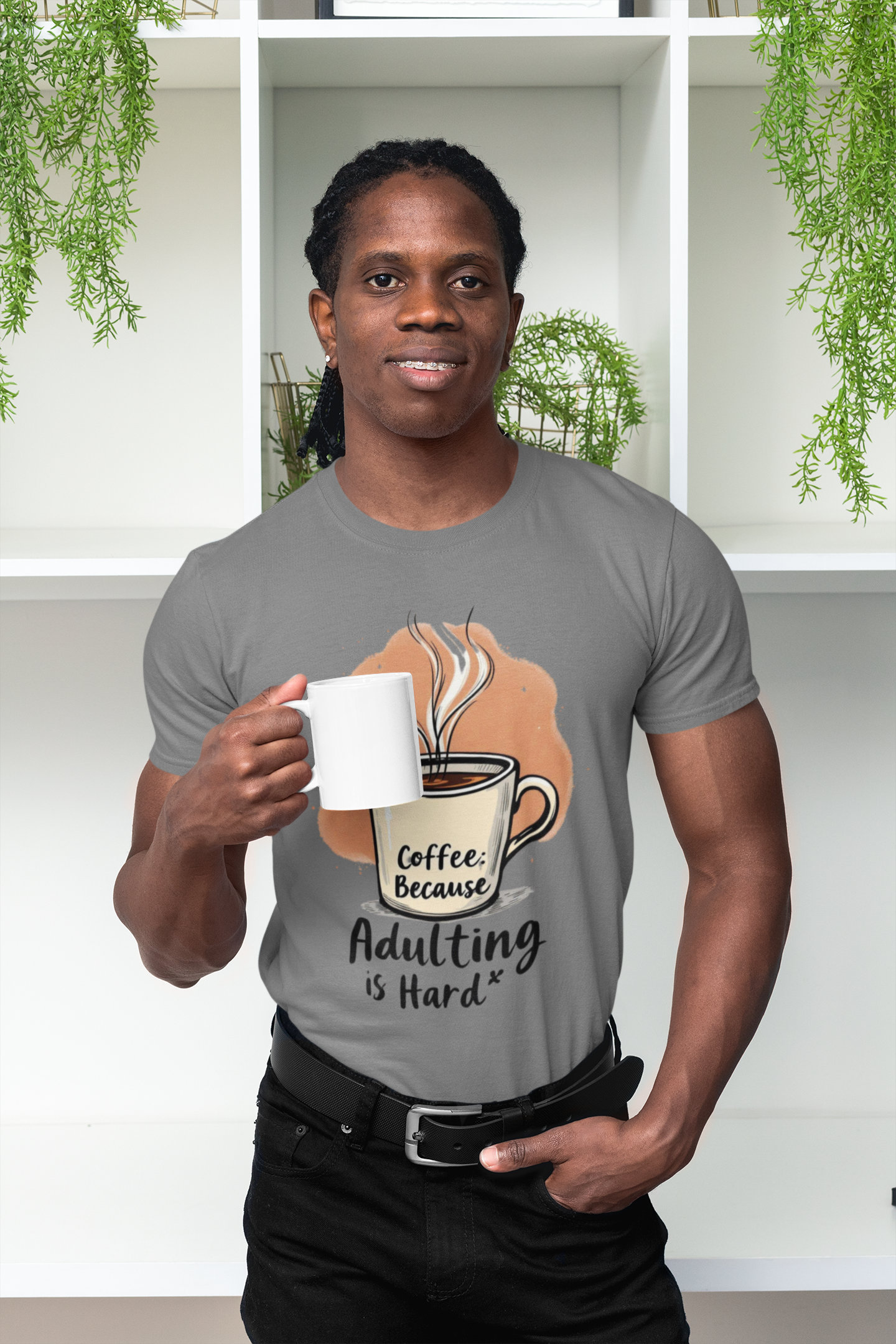 Unisex Coffee Quote T-Shirt – “Adulting is Hard” Funny Graphic Tee | 100% Cotton Classic Crew