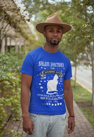 Unisex Gothic Mystical Cat T-Shirt - Salem Sanctuary Witchy Design with Moon Phases & Stars