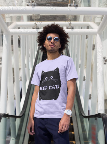 Unisex Classic Crew T-Shirt with Quirky 'HIP CAT' Cartoon Design – Monochrome Humor & Style