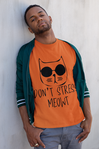 Unisex Classic Crew T-Shirt - 'Don't Stress Meowt' Cat Design | Playful Monochrome Graphic Tee with Sunglasses Cat & Hand-Drawn Text