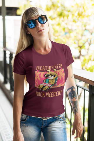 Women’s Black Cotton T-Shirt – “Vacation Very Much Needed!” Funny Holiday Graphic Tee