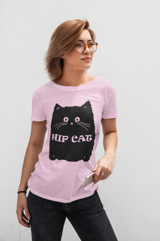 Unisex Classic Crew T-Shirt with Quirky 'HIP CAT' Cartoon Design – Monochrome Humor & Style