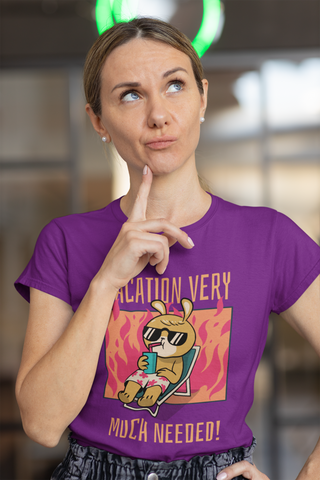 Women’s Black Cotton T-Shirt – “Vacation Very Much Needed!” Funny Holiday Graphic Tee